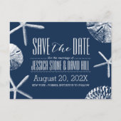 ネイビーブルービーチシーシェル結婚式の日付を保存 案内ポストカード (正面)