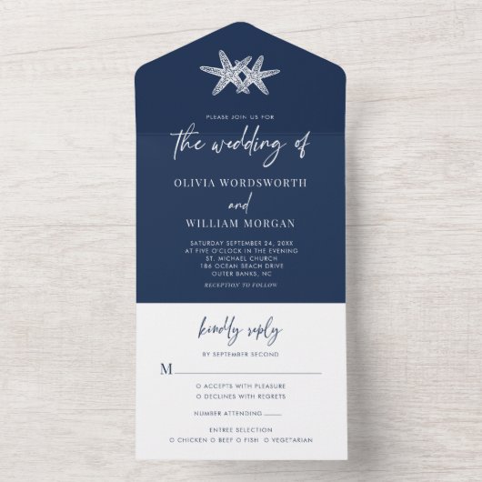 ネイビーブルービーチスミニマルター結婚フィッシュ オールインワン招待状 (内側)