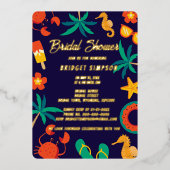 ネイビーブルービーチ沿岸夏ブライダルシャワー 箔招待状 (正面)