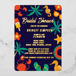 ネイビーブルービーチ沿岸夏ブライダルシャワー 箔招待状