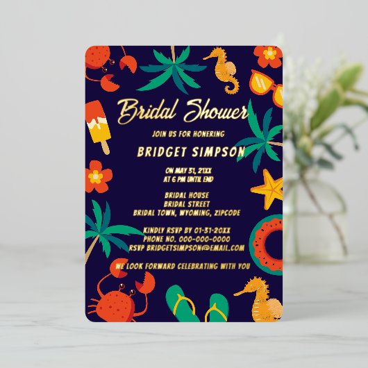 ネイビーブルービーチ沿岸夏ブライダルシャワー 箔招待状 (立ち正面)