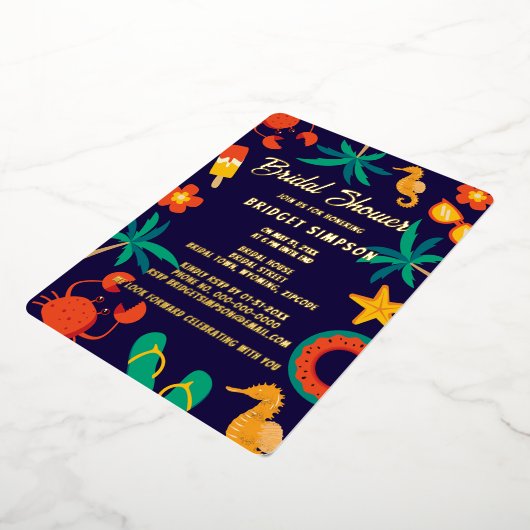 ネイビーブルービーチ沿岸夏ブライダルシャワー 箔招待状 (回転した状態)