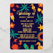 ネイビーブルービーチ沿岸結婚夏 箔招待状 (正面)