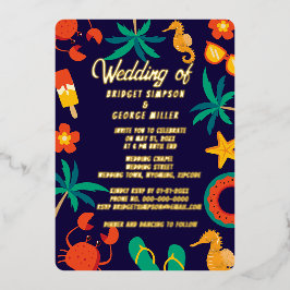 ネイビーブルービーチ沿岸結婚夏 箔招待状