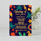 ネイビーブルービーチ沿岸結婚夏 箔招待状 (立ち正面)