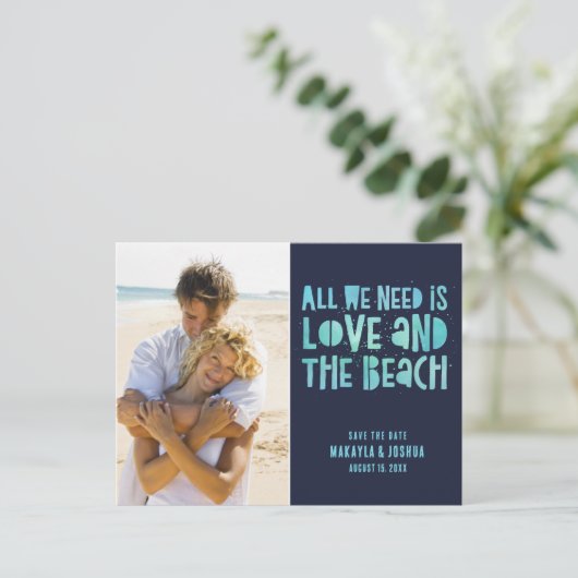 ネイビーブルービーチ結婚式保存日 案内ポストカード (スタンド正面)