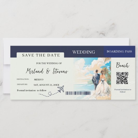 ネイビーブルービーチ航海の搭乗券結婚の セーブザデート (正面)