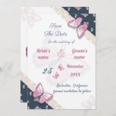 ネイビーブルーピンクの蝶は日付を保存 (正面/裏面)