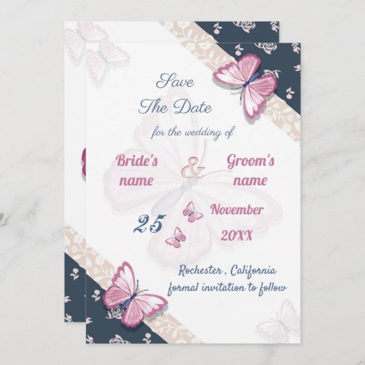 ネイビーブルーピンクの蝶は日付を保存 (正面/裏面)