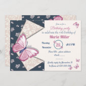 ネイビーブルーピンクの蝶フローラ誕生日パーティー (正面/裏面)