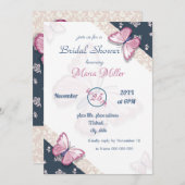 ネイビーブルーピンクの蝶ブライダルシャワーカード (正面/裏面)