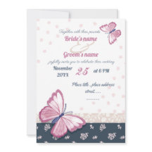 ネイビーブルーピンクの蝶結婚式招待状カード