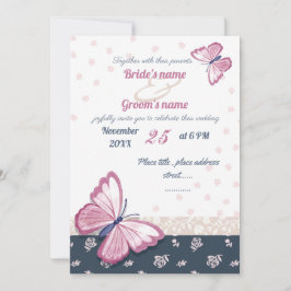 ネイビーブルーピンクの蝶結婚式招待状カード