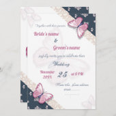 ネイビーブルーピンクの蝶結婚式招待状カード (正面/裏面)
