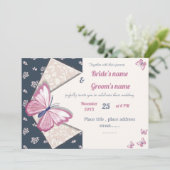 ネイビーブルーピンクの蝶結婚式招待状カード (スタンド正面)