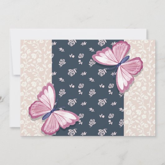 ネイビーブルーピンクの蝶結婚式招待状カード (裏面)