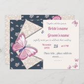 ネイビーブルーピンクの蝶結婚式招待状カード (正面/裏面)