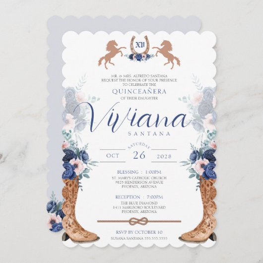 ネイビーブルーピンクウェスタンブーツチャロキンセアノス 招待状 (正面/裏面)
