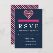 ネイビーブルーピンクウェディングRSVPカードと愛 出欠カード (正面/裏面)