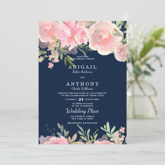 ネイビーブルーピンクコーラルグリーンバラ結婚フローラ 招待状 (スタンド正面)