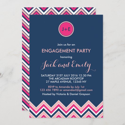 ネイビーブルーピンクシェブロン婚約パーティ招待状 招待状 (正面/裏面)