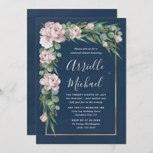 ネイビーブルーピンクダスティバラ金ゴールドリハーサルディナー 招待状 (正面/裏面)