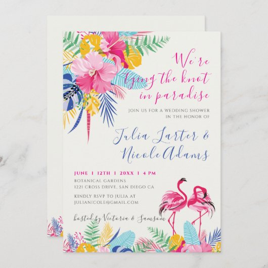 ネイビーブルーピンクトロピカルワイルドフォレストウェディングシャワー 招待状 (正面/裏面)