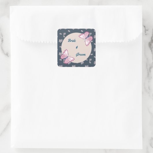 ネイビーブルーピンクバタフライフローラシール スクエアシール (バッグ)