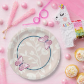 ネイビーブルーピンクバタフライフローラ ペーパープレート (パーティー)