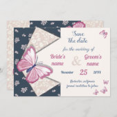 ネイビーブルーピンクバタフライ日付招待を保存 (正面/裏面)