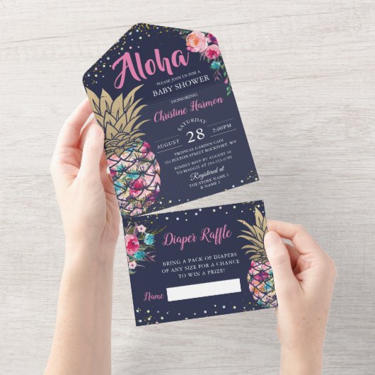 ネイビーブルーピンクパイナップルフローラベビーシャワーすべて オールインワン招待状 (貼ってはがせる)