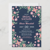 ネイビーブルーピンクフラワースワールフローラブライダルシャワー 招待状 (正面)