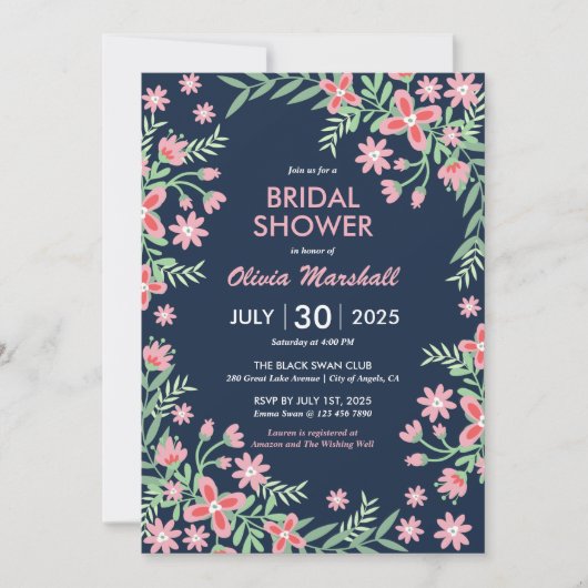 ネイビーブルーピンクフラワースワールフローラブライダルシャワー 招待状 (正面)