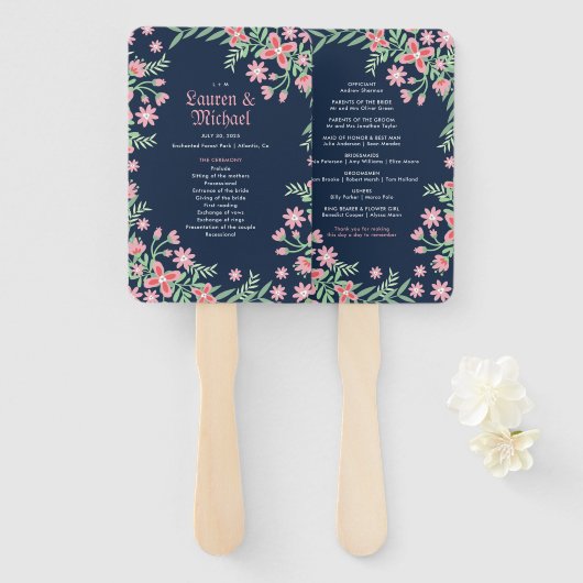 ネイビーブルーピンクフラワースワール春結婚フローラ ハンドファン (正面&裏面)