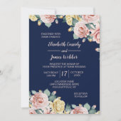 ネイビーブルーピンクフローラかわいらし結婚式招待状 招待状 (正面)