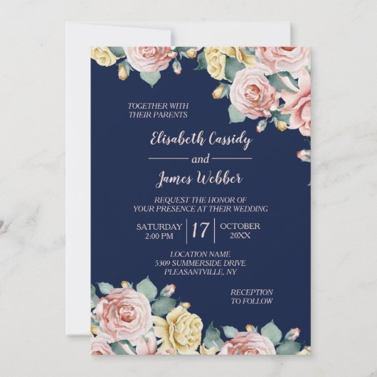 ネイビーブルーピンクフローラかわいらし結婚式招待状 招待状 (正面)