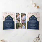 ネイビーブルーピンクフローラオールインワンインディアン結婚 三つ折り招待状 (内部)