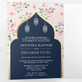 ネイビーブルーピンクフローラオールインワンインディアン結婚 三つ折り招待状 (内部最初)