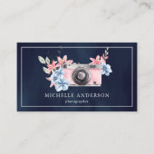 ネイビーブルーピンクフローラカメラQRコードフォトグラファー 名刺 (正面)