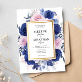 ネイビーブルーピンクフローラガーデンエレガントな結婚式 招待状