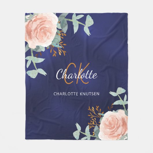 ネイビーブルーピンクフローラグリーンモノグラム名 フリースブランケット (正面)