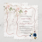 ネイビーブルーピンクフローラバラ金ゴールドツインズバプテスマ 招待状 (正面/裏面)