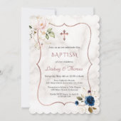 ネイビーブルーピンクフローラバラ金ゴールドツインズバプテスマ 招待状 (正面)