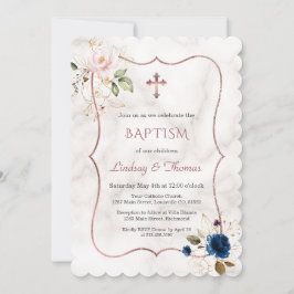 ネイビーブルーピンクフローラバラ金ゴールドツインズバプテスマ 招待状