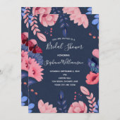 ネイビーブルーピンクフローラホワイトレターズブライダルシャワー 招待状 (正面/裏面)