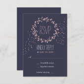 ネイビーブルーピンクフローラリースウェディングRSVPカード 出欠カード (正面/裏面)