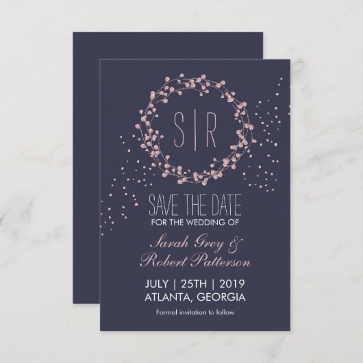 ネイビーブルーピンクフローラリース結婚式の日付を保存 セーブザデート (正面/裏面)