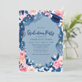 ネイビーブルーピンクフローラ卒業パーティー招待状 招待状 (スタンド正面)