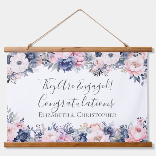 ネイビーブルーピンクフローラ婚約バナー 吊り下げ型タペストリー (正面)