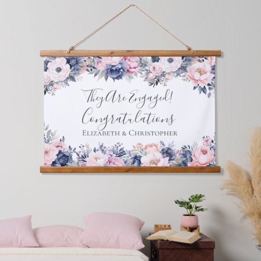 ネイビーブルーピンクフローラ婚約バナー 吊り下げ型タペストリー (寝室)